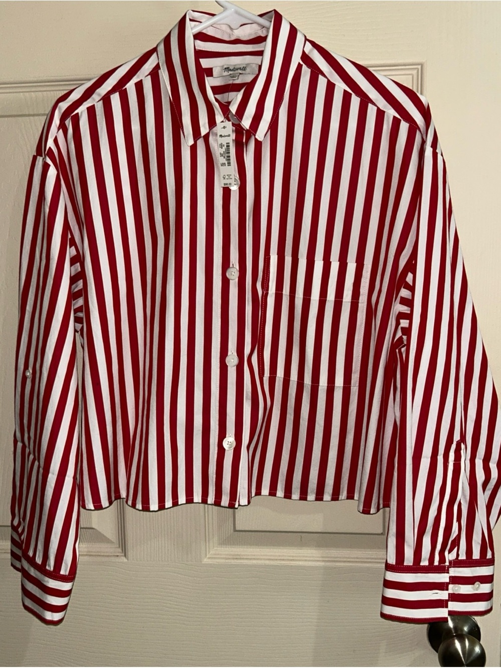 NWT Madewell Straight-Hem Shirt in Cotton Poplin Red Stripe XS - Picture 6 of 8